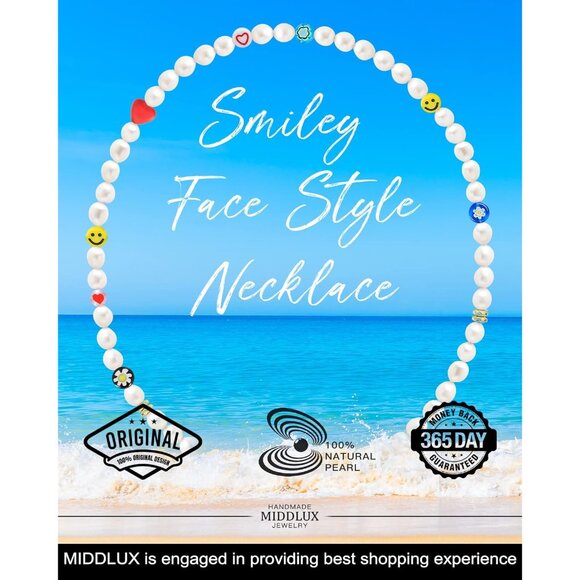 Genuine Pearl Necklace with Smiley Face Beads - Unisex 20" Adjustable Choker - Picture 7 of 7